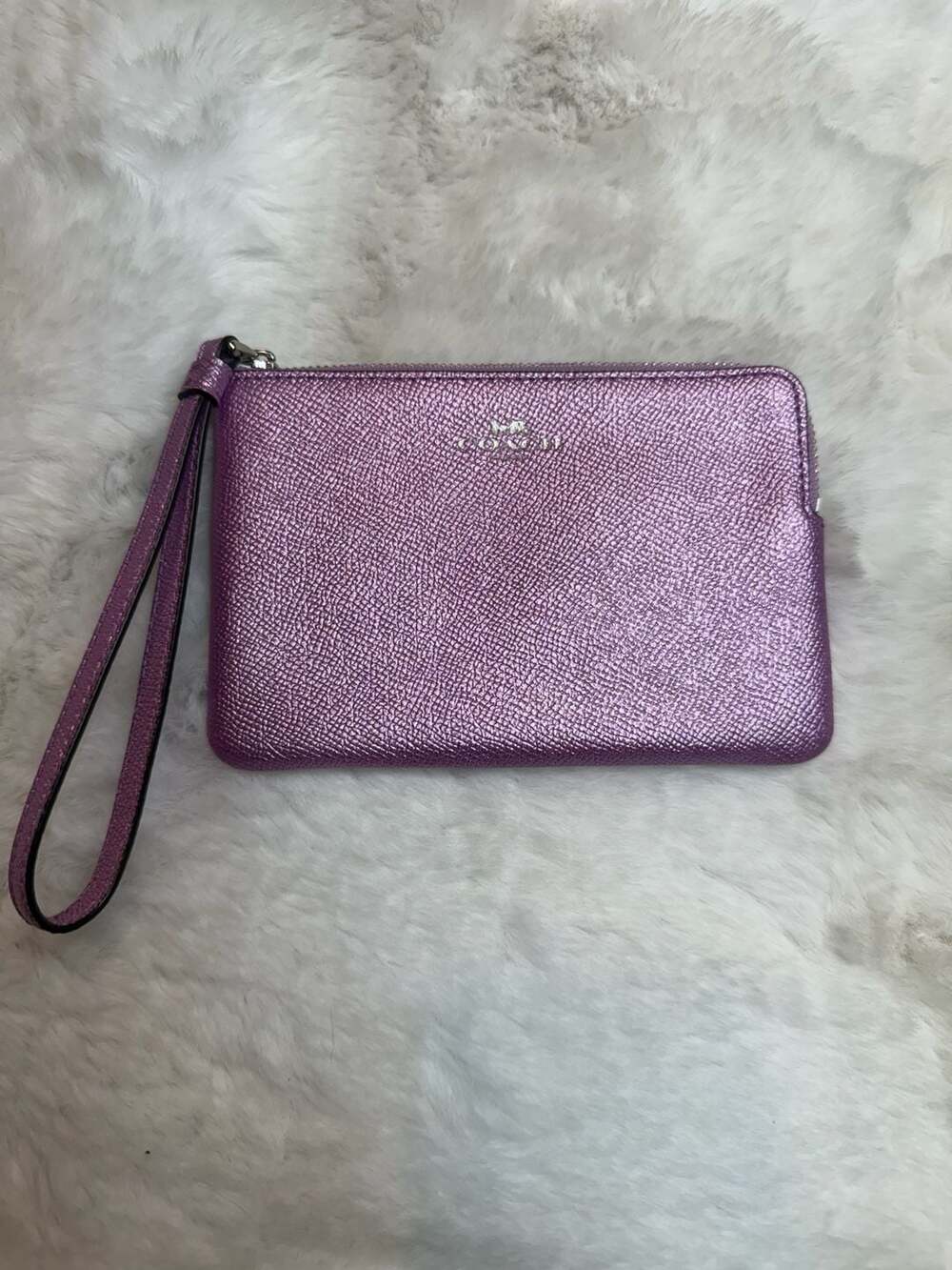 Coach Metallic Lilac Corner Zip Wristlet in Crossgrain Leather